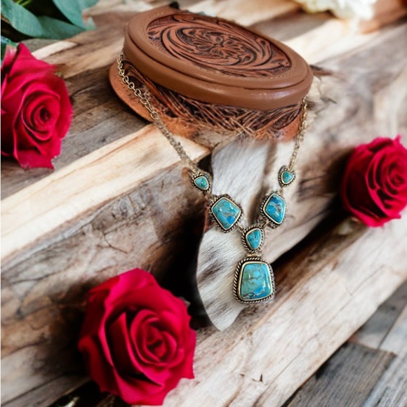 ✨New Genuine Blue Turquoise Stone Pendant Boho Necklace Statement Jewelry Brass - Picture 7 of 13